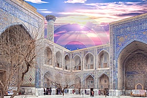 December 2018, Uzbekistan, Samarkand, Registan Square, Madrasa Sherdor `Resident of the Lions`