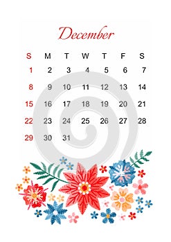 December. Vector calendar template for 2019 year with beautiful composition of embroidery flowers.