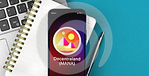 Decentraland symbol. Trade with cryptocurrency, digital and virtual money, banking with mobile phone concept. Business photo