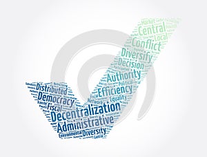 Decentralization check mark word cloud collage, concept background