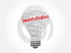 Decentralization light bulb word cloud collage, concept background