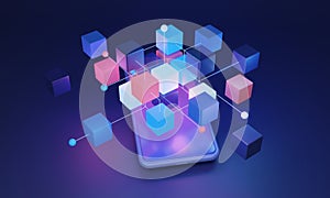 Decentralized blockchain system 3D concept, utilizing algorithmic technology and a distributed network for secure data