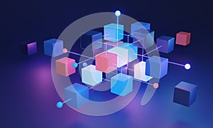 Decentralized blockchain system 3D concept, utilizing algorithmic technology and a distributed network for secure data