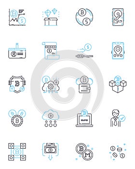 Decentralized economy linear icons set. Blockchain, Cryptocurrency, Peer-to-peer, Distributed, Trustless, Immutable