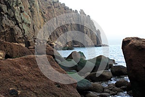 Deception Island in Antarctica, view of the cliffs of the island