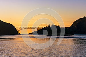 Deception Pass Bridge silhouetted at Sunset