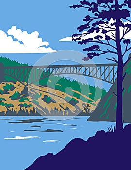 Deception Pass State Park with Whidbey Island and Fidalgo Island in Washington State USA WPA Poster Art