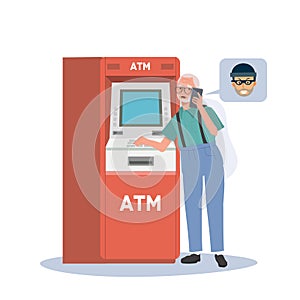 Deceptive Money Transfer concept. A scammer is tricks an elderly man into transferring money at ATM machine