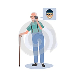 Deceptive Scammer tryo to Tricks Elderly man. Online Scammer's Trickery. Flat vector cartoon illustration