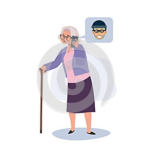 Deceptive Scammer tryo to Tricks Elderly Woman. Online Scammer's Trickery. Flat vector cartoon illustration