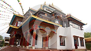 Dechen Choekhor Mahavihara Bodhisat Monastery Left Side View Located In Sharabai Bhuntar Kullu Himachal Pradseh INDIA.