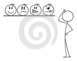 Decide About Emotion, Choose Your Face, Vector Cartoon Stick Figure Illustration