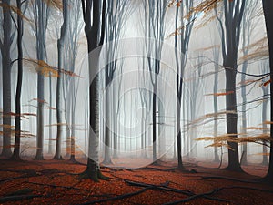 deciduous forest shrouded in thick white fog in autumn, autumn background photo