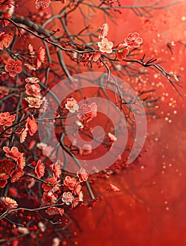 Deciduous tree with red flowers on orange background