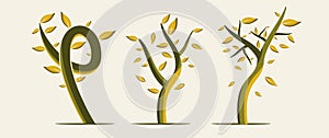 Deciduous tree vector bundle in dark yellow and dark green colors with 3 tree styles