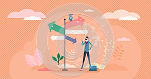 Decision crossroads concept, flat tiny businessman person vector illustration