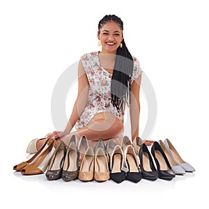 Decision, high heels and portrait of woman in studio for fashion sale, shopping or designer footwear with white