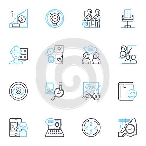 Decision-making body linear icons set. Board, Committee, Council, Panel, Assembly, Tribunal, Caucus line vector and photo