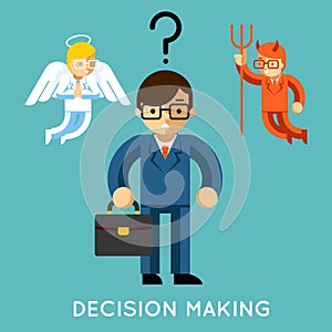 Decision making. Businessman with angel and demon