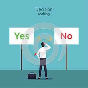 Decision making concept. Businessman confusing to make a decision between yes or no vector illustration