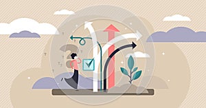 Decision making vector illustration. Tiny choose options persons concept.
