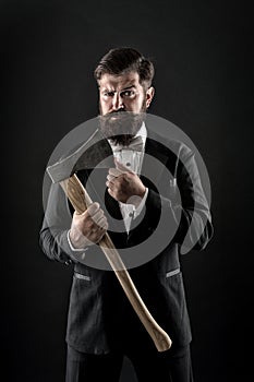 Decision was made. Man brutal hipster with axe. Sharp ax hand confident guy. Masculinity and brutality. Barbershop photo