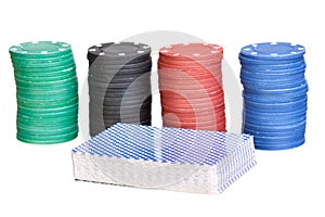 Deck of cards with four stacks of poker chips