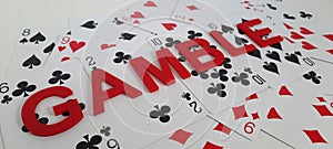 Deck of cards with Gamble as red text