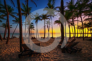Deck chair on a empty tropical beach with palm trees at sunrise