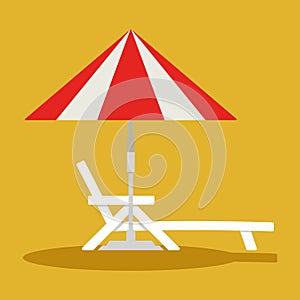 Deck chair, lounge or sun bed with a beach umbrella. Beach or pool umbrella linear with sun bed in red and white colors. The