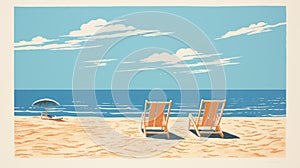 Vintage Beach Chairs Poster - Tranquil Outdoor Scenes With Detailed Skies photo
