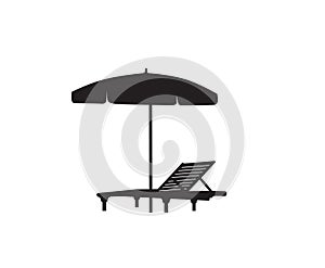 Deck chair umbrella summer beach holiday symbol silhouette icon. Chaise longue, parasol isolated. Sunbath beach resort symbol of