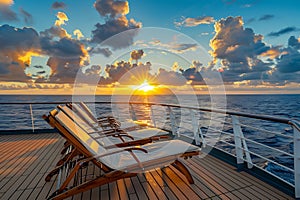 Deck chairs on a cruise ship with a beautiful sunset in the background