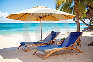 Deck chairs with sun umbrella on the beach at summer season