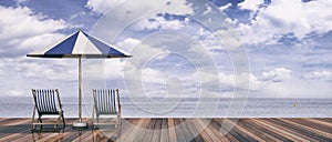 Deck chairs and umbrella on blue sky and sea background. 3d illustration