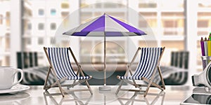 Deck chairs and umbrella on an office desk. 3d illustration