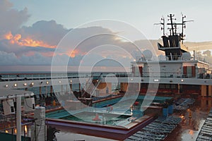 Deck of cruise liner and dawn, Caribbean Sea