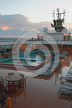 Deck of cruise liner and dawn in tropics, Caribbean Sea