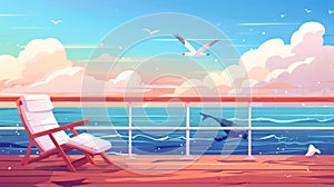 Deck of cruise ship with gull birds and whale view against sea water summer background. Yacht boat railing in ocean trip