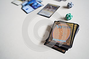 A deck of Magic the Gathering trading card game on the table.