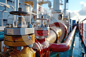 Deck of oil tanker with tubes and pipes keeping liquid