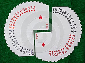 Deck of playing cards, thirteen ranks in each of the four suits, clubs, diamonds, hearts and spades