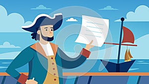 On a deck of a sailing ship a captain holds up a copy of the Declaration of Independence proclaiming its significance to