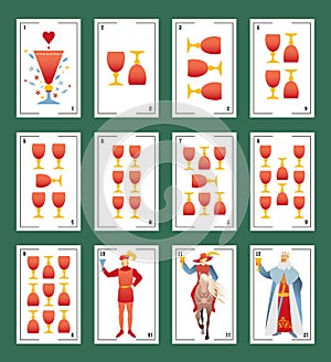 Deck of Spanish playing cards. Cups. From Ace to the figures of the Court