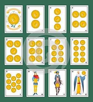 Deck of Spanish playing cards. Golds. From Ace to the figures of the Court photo