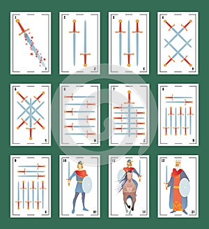 Deck of Spanish playing cards. Swords. From Ace to the figures of the Court