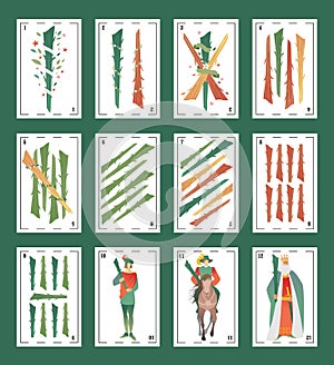 Deck of Spanish playing cards. Wands. From Ace to the figures of the Court photo