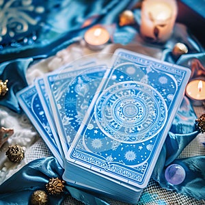 Deck of tarot cards on a table with candles