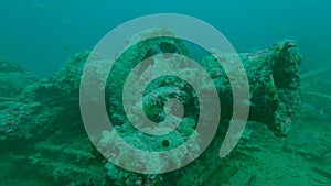 Deck winch on outside of large underwater shipwreck