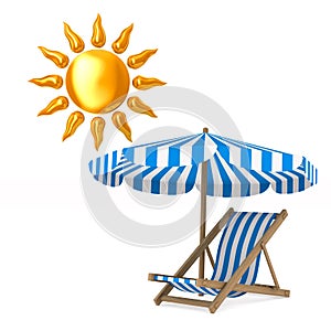 Deckchair and parasol and sun on white background. Isolated 3D i